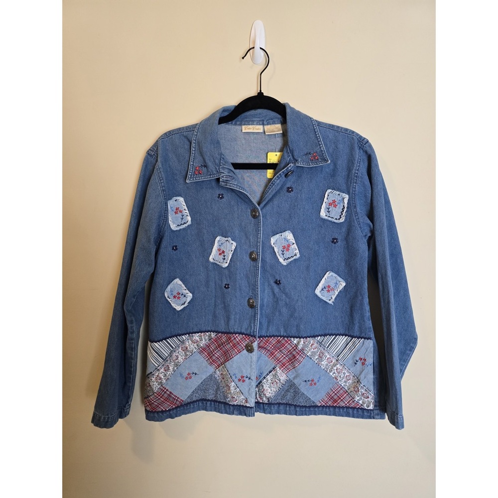 Bobbie Brooks Shirt SZ S Embellished Denim Shacket Embroidered Flowers Patches